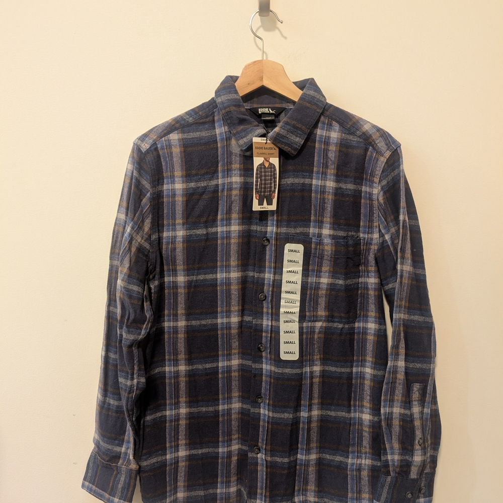 Eddie Bauer Flannel Blue And Tan Plaid Cotton Button Down Shirt Size Small New